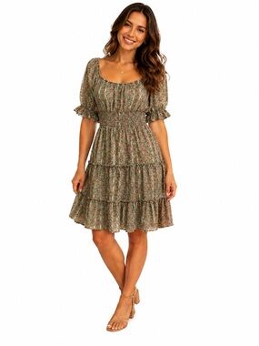 Trixxi Olive Floral Smocked Tiered Mini Dress